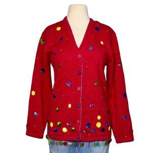 Storybook Knits Red Multicolor Sequin Fun Dots Vintage Cardigan Sweater Size S